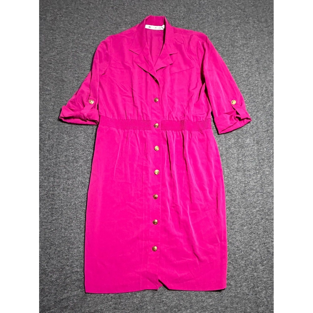 Vintage Ms Chaus Shirt Dress Womens 14 Pink Smocked Roll Tab Sleeve Button Front